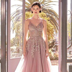 NEW FORMAL LONG SLEEVELESS A-LINE TULLE GOWN W/ FLORAL LACE EMBROIDERY CD A1416